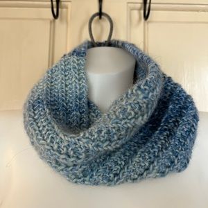 Blue, variegated cowl, hand knit.